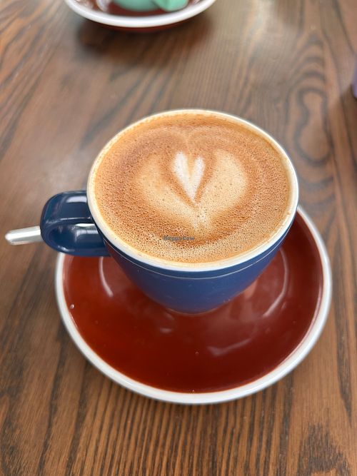 Oat milk small flat white  at Dot Com Cafe in Christchurch