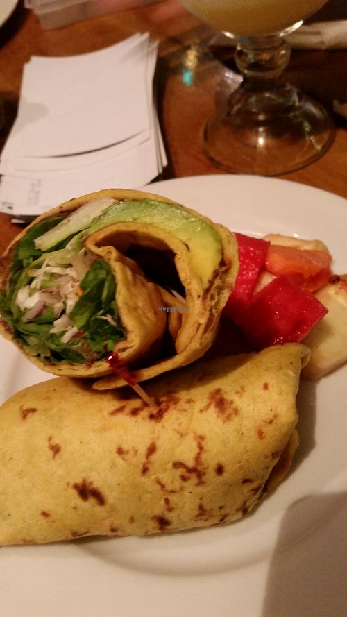 Reggae Wrap. It was huge, but just ok. Very little black bean hummus and mostly lettuce and cabbage. at Wild Mango's in San Pedro