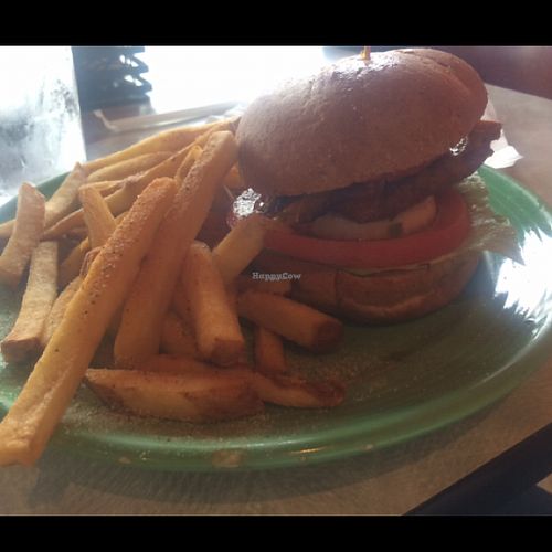 Brown stew tofu sandwich with dutty fries at Reggae Shack Cafe in Gainesville