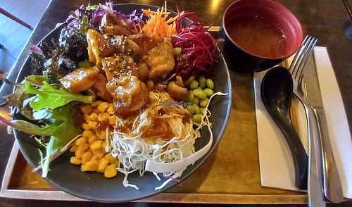 Vegan poke bowl with tofu & a small bowl of miso soup. Very nice. at Takakura Japanese Style Restaurant in Manly West