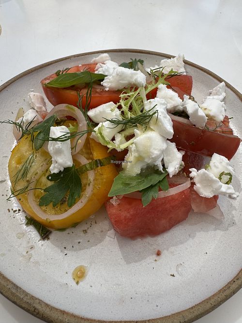 Watermelon and Heirloom tomato salad with vegan feta   at Drake Devonshire Inn  in Wellington