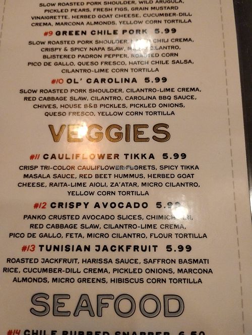 Veggie menu at Taco Ranch in Pigeon Forge