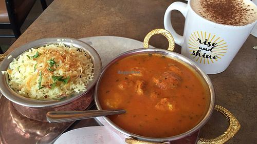 Vegan butter 'chicken' with non-dairy latte at Remedy Cafe - Jasper Ave in Edmonton