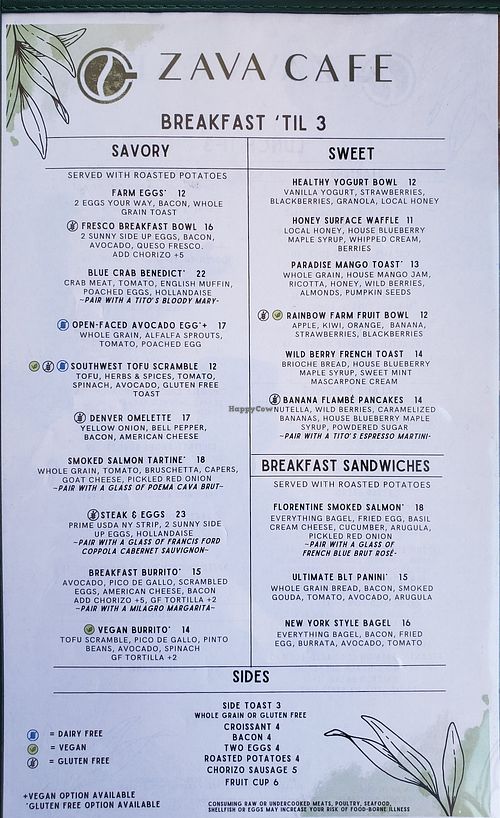 Breakfast Menu at Zava Cafe in Milton