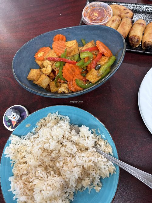 Cashew tofu with carrots and peppers (spicy, I like that) came with white rice  at 9 Thai Cuisine in Newark