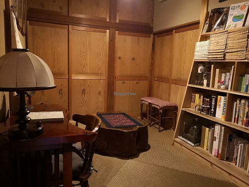 Writing room near where the bathroom is. There are various ancient guestbooks stacked on thebshelves from 40+ years ago with various guests' calligraphy and messages inside (from w at Shika-Jaya in Hakone