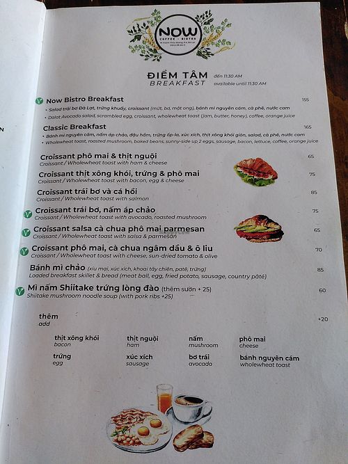 Toast with avocado and soups can made vegan. Coffee with almond milk at NOW Coffee - Bistro in Da Lat