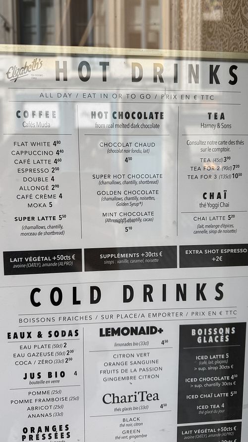 Menu boissons chaudes   at Elisabeth's in Lille