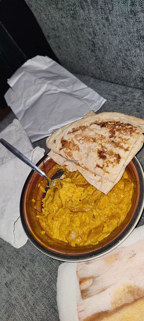 Mango vegan chicken with rice and vegan naan bread at Thindi - Dundrum in Dundrum