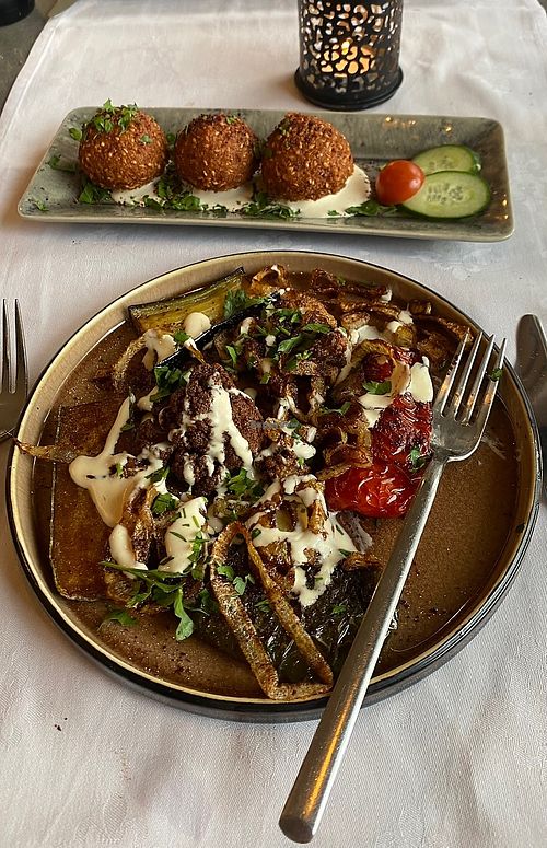 Grilled vegetables with tahini and falafels  at Mère Liban in Knokke-heist