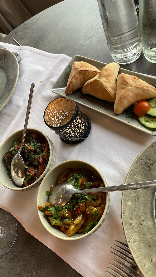 Grilled aubergine, green beans and baked pastry filled with spinach and sumac  at Mère Liban in Knokke-heist