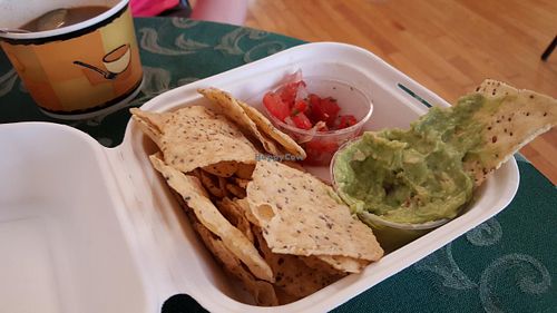 Freshly-made guacamole and nachos, a cup of soup in the background at Maize 'N' Manna Wholefoods in Westerly