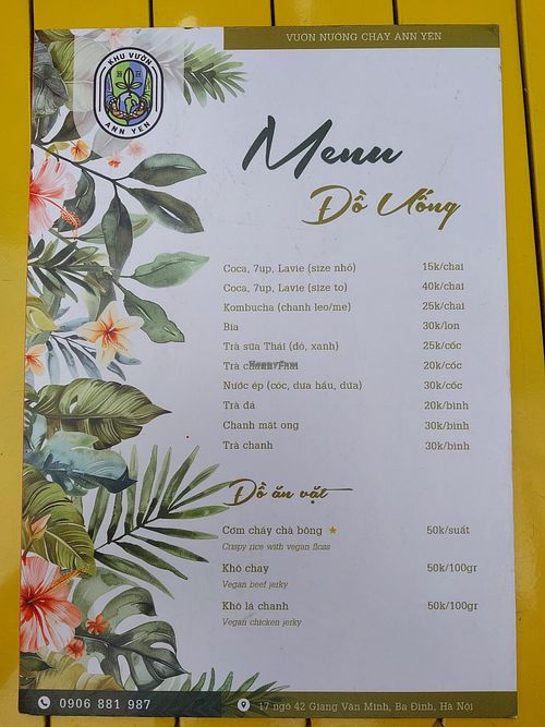 Menu (drinks) at Ann Yen Vegetarian Garden Grill in Hanoi