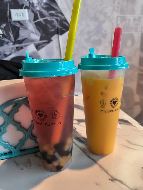 Peach lychee tee and papaya milk tea at Amberlulu Bubble Tea and Desserts in Appleton
