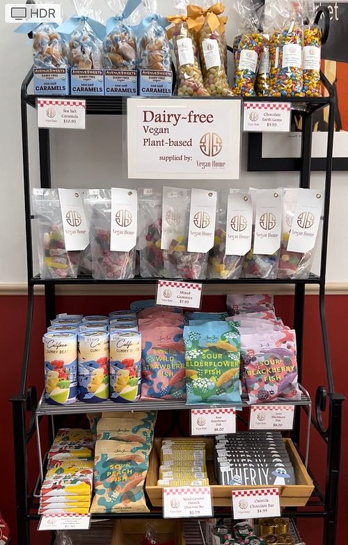 100% vegan section with lots of gluten-free options, organic options, and all natural, chemical free options.  at Schwartz Candies in Carle Place