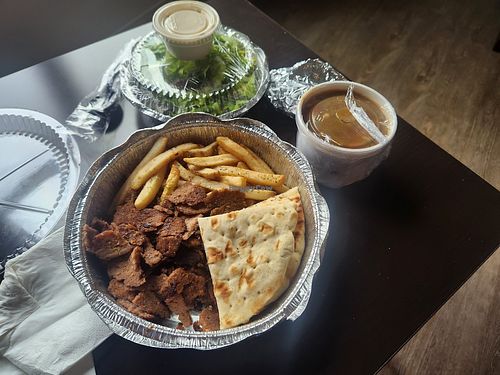 Vegan gyro plate - with lentil soup and salad at Gyro Jimmy's in Carle Place
