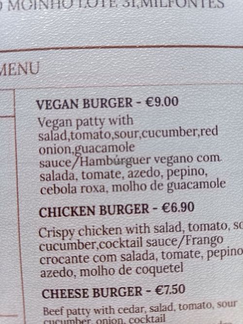 Menu - hambúrguer vegan at Hot Oven in Vila Nova De Milfontes
