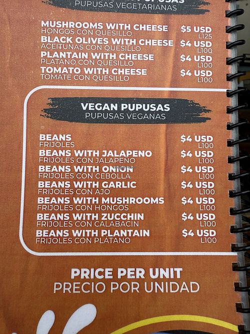 Clearly labeled vegan pupusas  at La Ruta del Sabor in Roatan