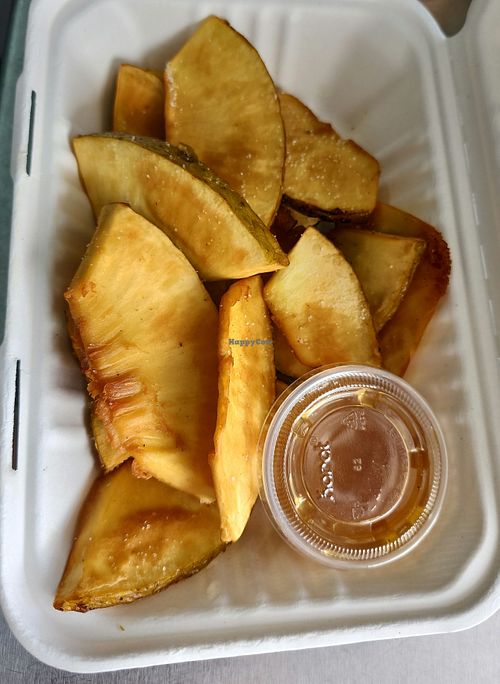 Sweet Ulu with Lilikoi Lava hot sauce. Deep-fried in organic coconut oil.  at Island Organic Cuisine in Hilo