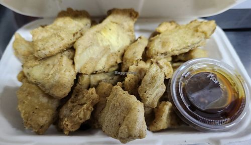 Organic, Vegan  & Gluten-free Ulu Nuggets with Dipping Sauce. Deep-fried in organic coconut oil.  at Island Organic Cuisine in Hilo