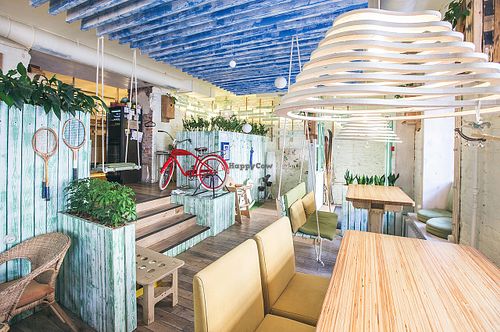 'Vegetarian café “Ukrop”-Summer The interior of “Ukrop Summer” at 14th Malaya Konushennaya St., ambience is inspired by a summer house. There are even real swings that remind the pleasant summer time. ' at Cafe Ukrop II in St Petersburg