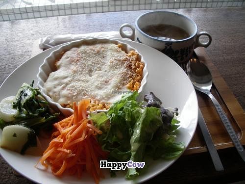 Vegan Plate: Doria (Japanese gratin), salad and soup (1200en). at Broom and Bloom in Tokyo