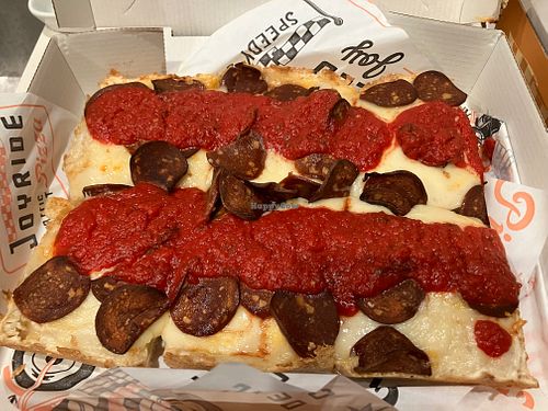 YOLO ‘Roni Pepperoni with vegan cheese and vegan pepperoni at Joyride Pizza - Ferry Plaza in San Francisco