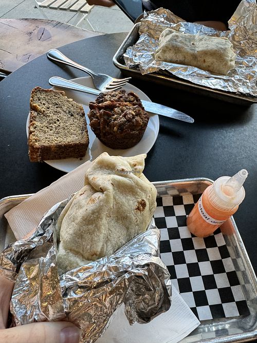 Vegan burritos, vegan morning glory muffin and vegan banana chocolate chip breadd  at Port Side in Denver
