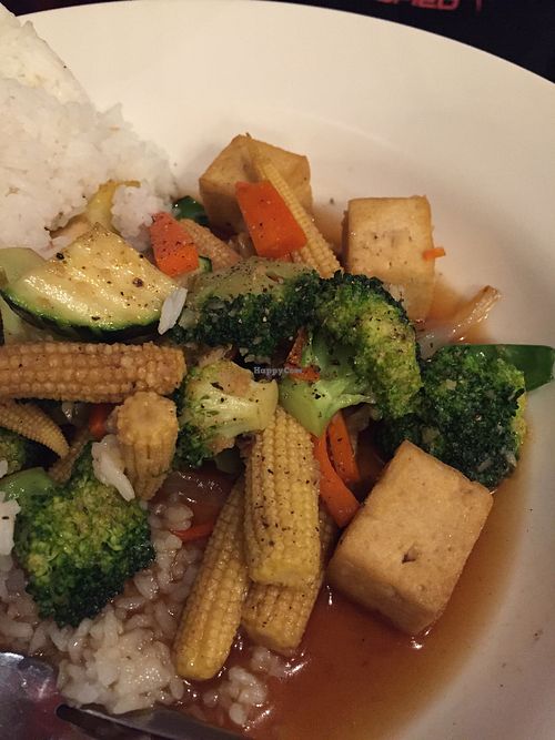 Veganised pepper and garlic Veg and tofu stir fry  at Red Spoon in Warrnambool