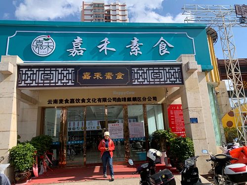 Restaurant entrance on the corner of the street at Jiahe Vegetarian Restaurant - Yintun Rd - 嘉禾素食 - 银屯路店 in Qujing