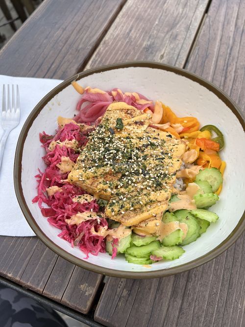 Donburi bowl without egg w/ browned tofu  at Little Sama  in Ojai