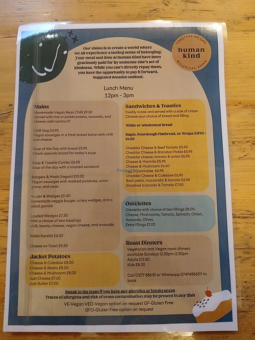 Menu 2 at Human Kind Cafe in Billericay