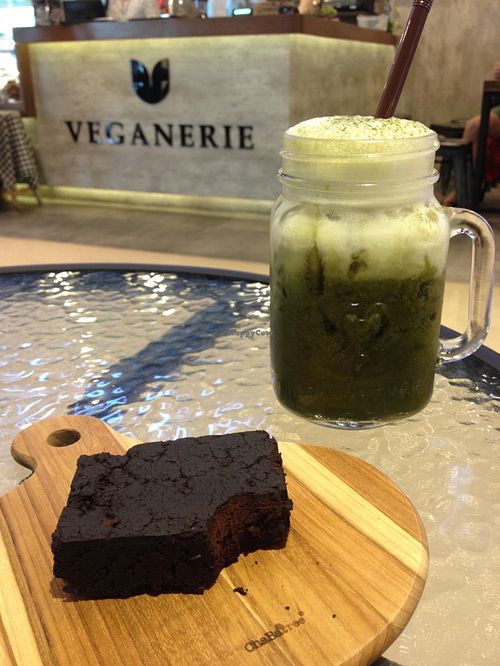 Nut brownie and matcha latte at Veganerie - Mercury Ville in Bangkok