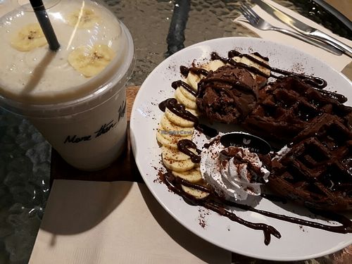 Dreamy banana smoothie and chocolate waffles at Veganerie - Mercury Ville in Bangkok