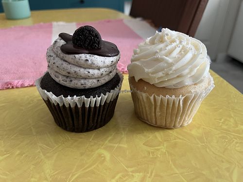 Oreo cupcake and white cake with raspberry filling.  at The West Side Bakery in Akron