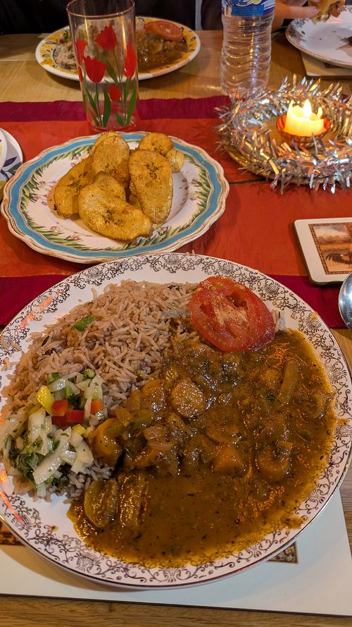 Aubergine stew and fried plantain at Los Cubanos in Stroud