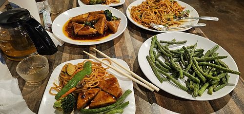 We enjoyed the general tso tofu. The veggie Lo Mein and Green beans. Started with a veggie egg roll. at The Kirin Hut in Lancaster