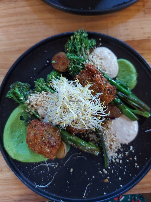 Green goddess falafel... Seriously tasty and fancy! at The Chapel in Burnie