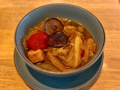 Vegetarian soup -pretty good - shiitake, tofu, cabbage and bitter melon 🤤   at DMK - S & P - T1 in Bangkok