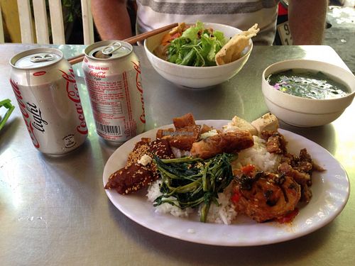 Mekong Noodles and a mix-match buffet plate with 2 diet cokes for $3us  at Quan Chay Dam in Hoi An
