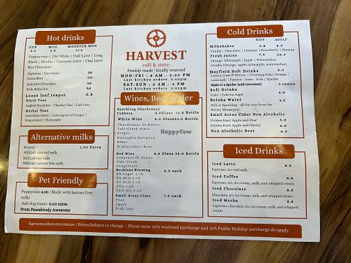 Drinks menu  at Harvest Cafe & Store in Bathurst