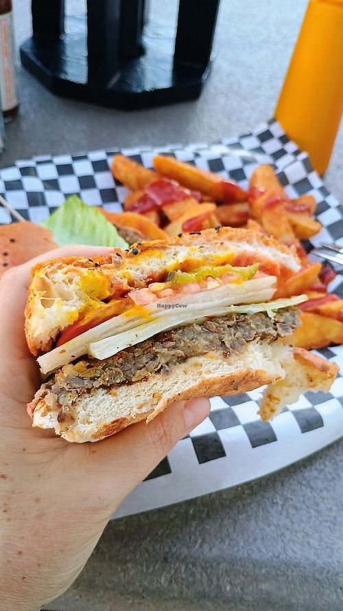 Black bean burger 🫘 at Wrecked at the Reef in Puerto Penasco