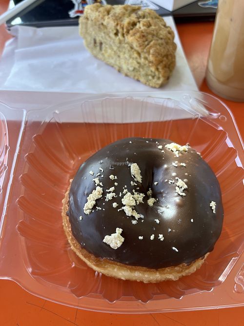 Vegan choco halva donut + vegan cheddar jalapeno scone #Veganuary at Slow Bloom Coffee Cooperative in Redlands