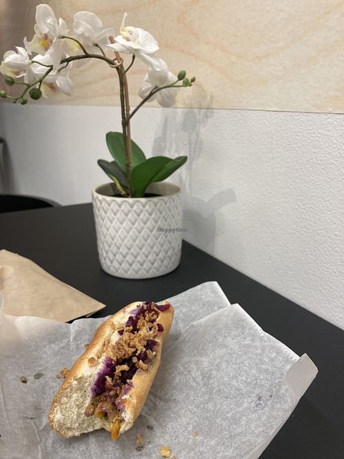 The veggie dog is plant based and made with kale, lentils, quinoa, onions, and wheat protein; it’s topped with fried crispy onions and pickled red cabbage!!!  at IKEA in Atlanta