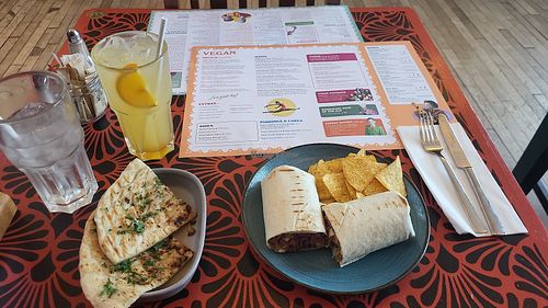 Vegan Black Bean & Sweetcorn Burrito, with a Garlic Flatbread. at Lounges - Zafferano Lounge in Saffron Walden
