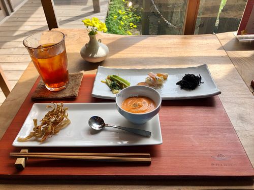 Carrot soup and a selection of appetizers at Sairam in Kamakura