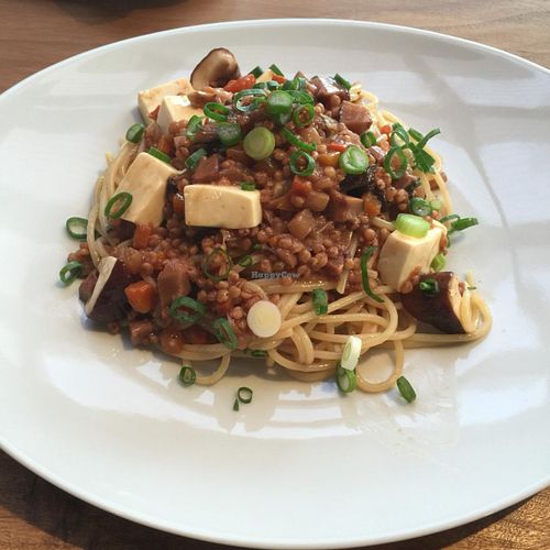 Mabo tofu sorghum pasta (bland and tasteless) at Sairam in Kamakura