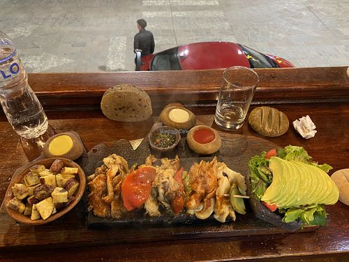 Potatoes, veggie skewers and salad (all vegan)  at La Serranita Restaurant in Ollantaytambo