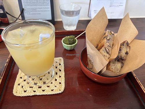 Apple juice and their rice flour bread (one sweet one salty)  at Mame-mame - Usuyaki Cafe in Matsumoto