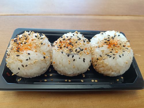 Onigiri Spicy Tofu Rice Balls 

Sushi Rice filled with Spicy Tofu (beancurd)
Topped with Spicy Sesame Seeds at More Than Sushi in Poole